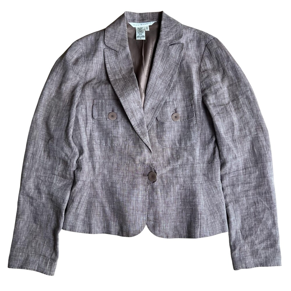 Max Studio Blazer Womens 6 Brown Linen Lined Single-Breasted Collared Pockets